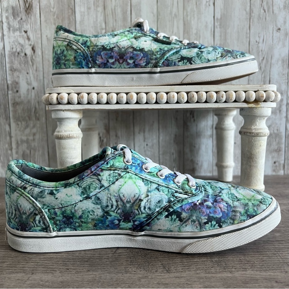 Vans Women's Floral Sneakers - Green and Blue Size 6.5 - Picture 2 of 6